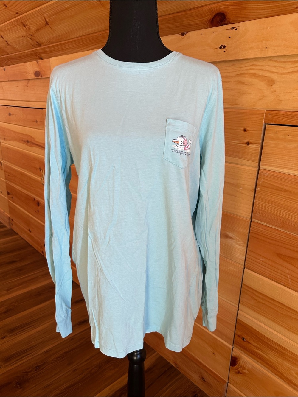 Vineyard Vines Light Aqua Long-Sleeve Pocket Tee with Whale Graphic